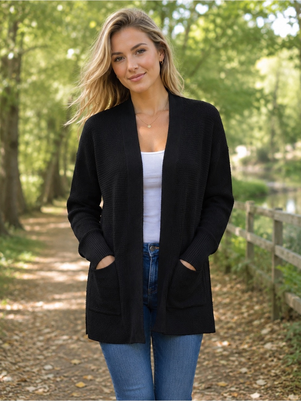 Denver Hayes Black Open-Front Pocket Knit Cardigan